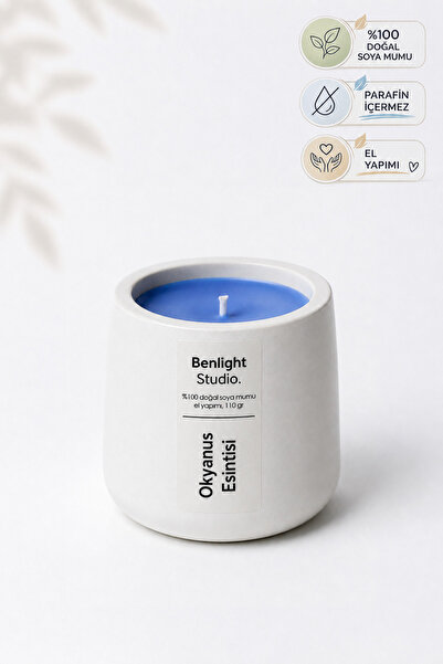 Benlight Studio Okyanus Kokulu Mum, Modern Beton Mumluk, El Yapımı, Dogal Soy...