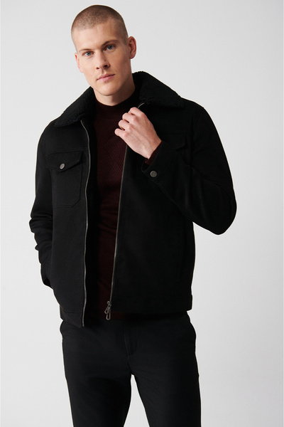 Avva Men's Black Fur Collar Zippered Fiber Coat A32Y6140