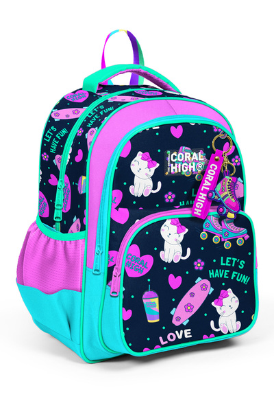 Coral High 23658 Kıds Lacivert Pembe Kedili Paten Desenli Üç Bölmeli Sırt Çan...