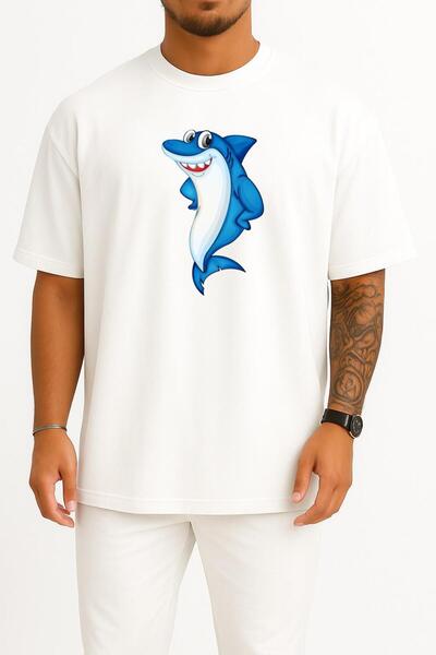 Bahriyeli Collection قصة فضفاضة تي شيرت للجنسين بتصميم Great White Shark Bull...