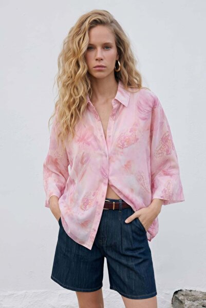 Sateen Yarasa Kol Desenli İnce Gömlek - Pembe