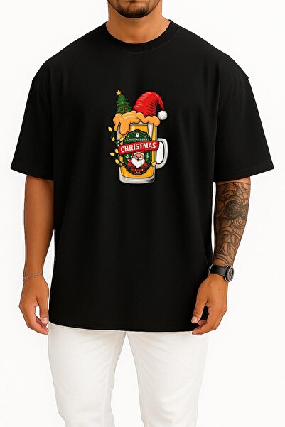 Bahriyeli Collection Oversized New Year Beer Cup Chest Design Unisex T-Shirt