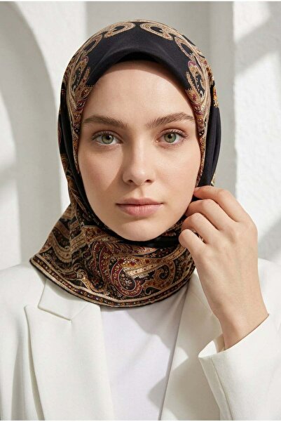 Vissona %100 Twill İpek Şal Desenli Siyah - Bordo Renkli 90x90 Eşarp Dikim Şe...