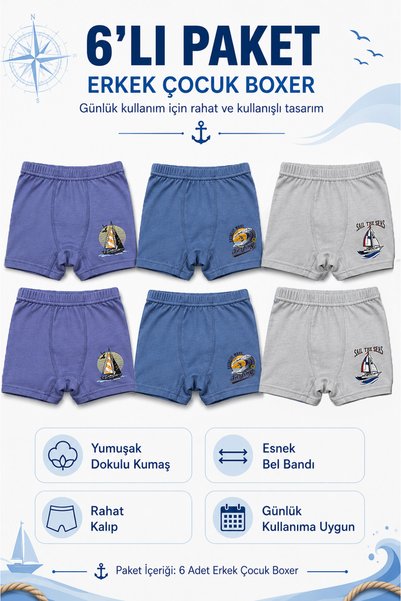 BELİNOPLUS Combed Cotton Lycra Boys' Boxer Briefs 6 Pack - Mini Sailor