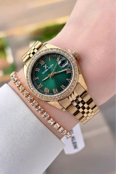 Daniel Klein Dial Green Band Gold Color 32.5 mm Women's Wristwatch and Bracel...