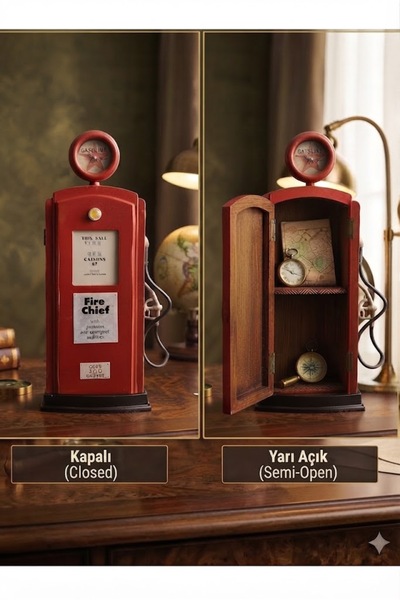 HEDİYE İŞLERİ Nostaljik Benzin Pompası Tasarımlı Saatli Mini Dolap - Retro Sa...