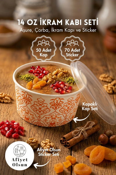 Bimotif 50li Aşure, Çorba, Pilav Kabı (410ml, Kapaklı) ve 70li Afiyet Olsun S...