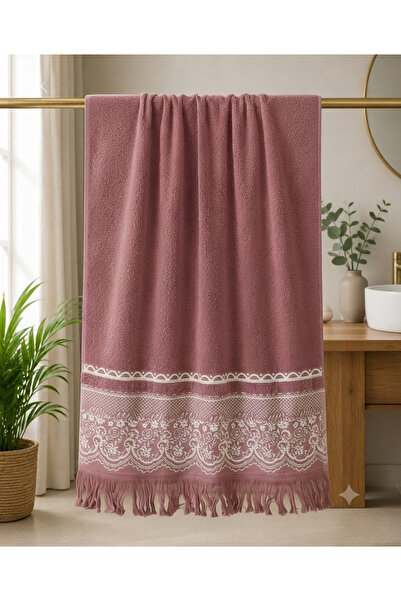 ŞENER HOME Large Size Fringed Bath Towel 90x150 Cm. - Dried rose
