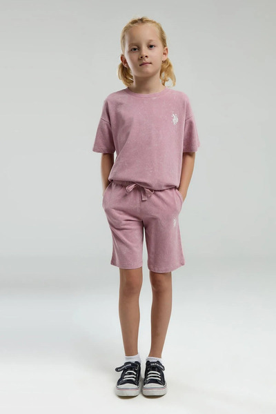 U.S. Polo Assn. بدلة بناتي مرخصة من US Polo Assn لعمر 4-15 سنة - وردة مغبرة