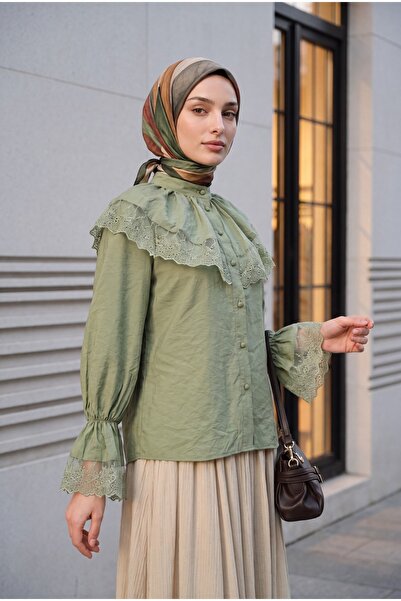 Modamorfo Hakim Collar, Elastic Sleeves, Lace Detail, Buttoned Modal Blouse -...