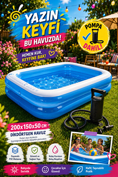 hak-iş oyuncak 200x150x50 Cm Dikdörtgen Şişme Havuz - 30 CM El Pompası Dahil