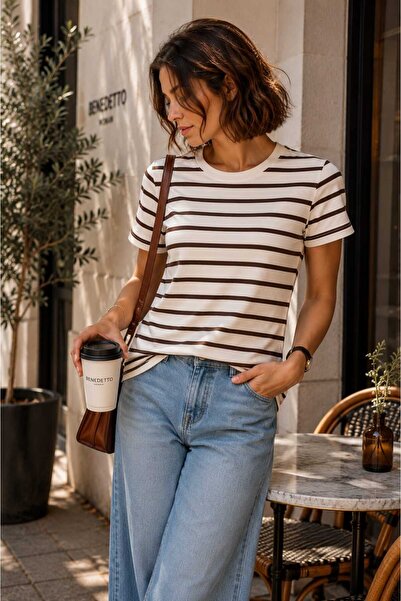 Benedetto Tricou cu mânecă scurtă, casual, elegant, cu dungi, pentru femei, d...
