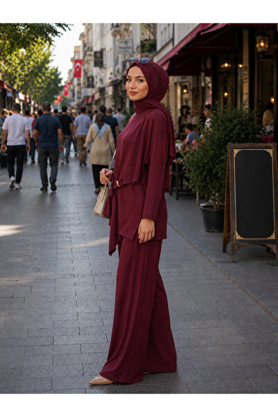 Bordo Modal OYS Örme Kumaş Aksesuar Detaylı Belden Bağlamalı Tunik Alt Üst Takım