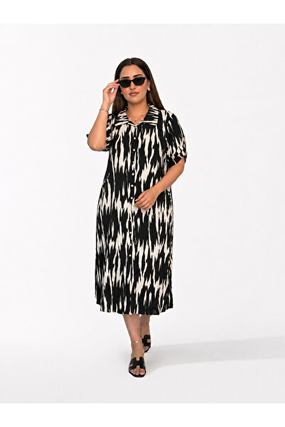 ELSEBUTİKTR Women's Plus Size Patterned Cotton Viscose Midi Oversize Loose Cu...