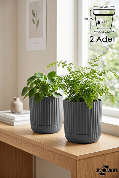 ToXA 2 Adet 7.2 Litre Antrasit Sütun Saksı Kendinden Tabaklı Drenajlı Plastik...