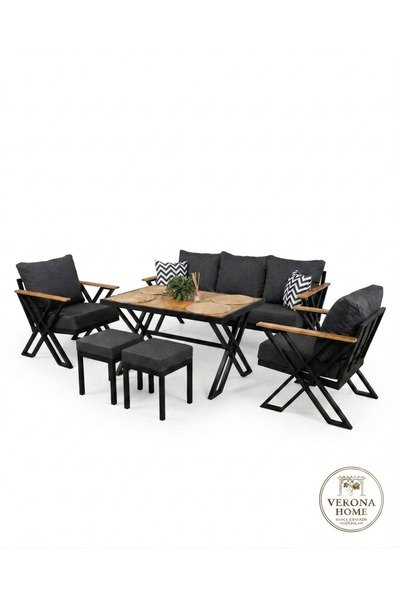 verona mobilya X Line Bahçe Mobilyası Takımı - 3+1+1+2 Puf - Siyah Metal / Ko...