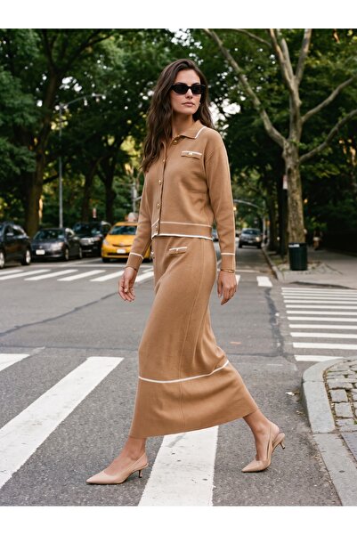 ONLOOX Camel Acrylic Textured Long Sleeve Gold Button Detailed Skirted Knitwe...