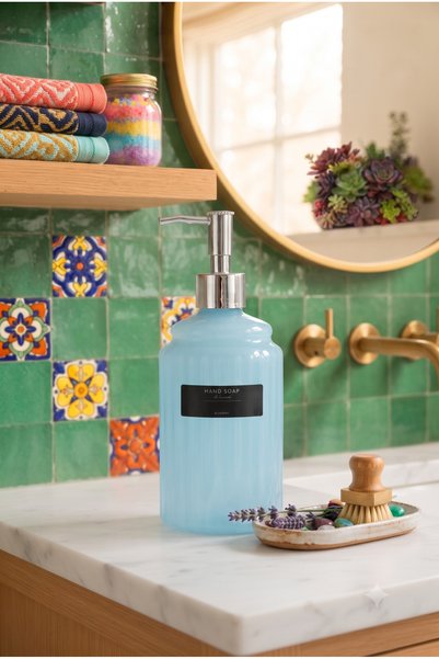 KLARHAUS Modern Liquid Soap Dispenser - Colored Glass Kitchen Detergent and Liquid Soap Dispenser with Silver Pump - 20X8X8 Cm-500 ml