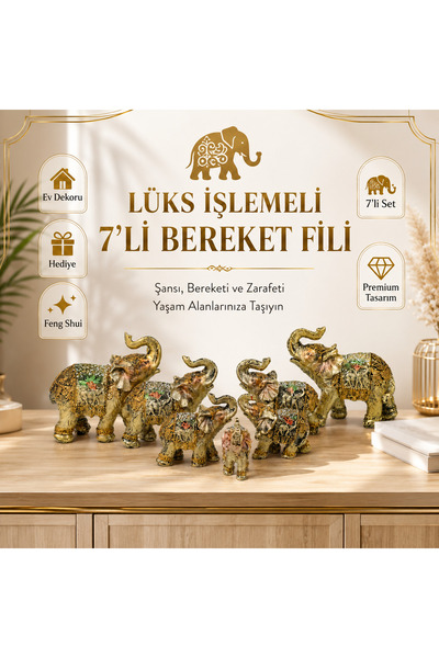 e-life shop Lüks Motif İşlemeli Feng Shui 7’li Şans Bereket Fil Heykeli Biblo...