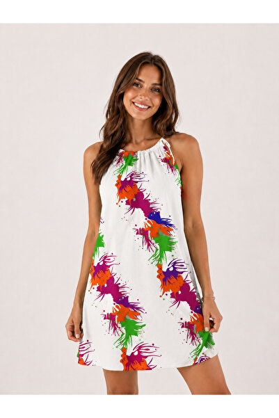 Clothify Women's White Patterned Thin Strap Mini Dress Summer Casual Dress