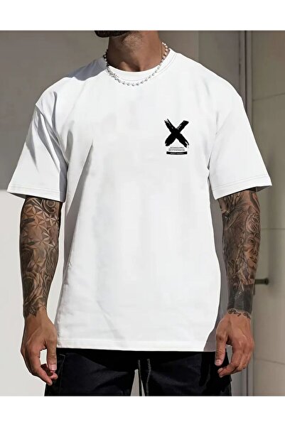 Unısex X İşaretli Baskılı Oversize Bisiklet Yaka T-Shirt