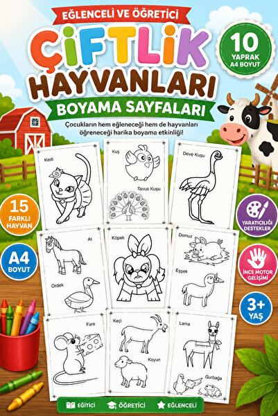 Organik Yolda Farm Animals, Large Size, Easy Coloring Pages, A4 Size, Full 10...