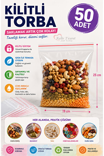 Kalbi Ticaret Kilitli Torba 19x25 Cm 50'li Kilitli Buzdolabı Poşeti Şeffaf Na...