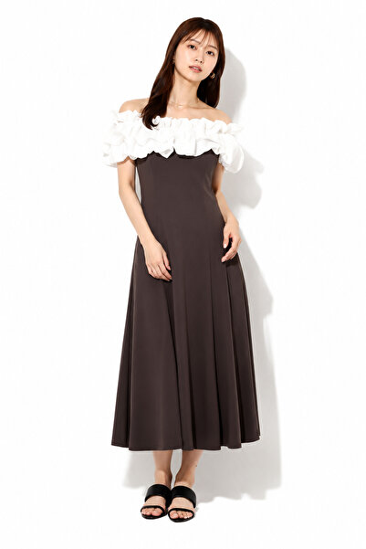 unbranded Women's Brown Off-Shoulder Midi Dress with White Ruffle Detail