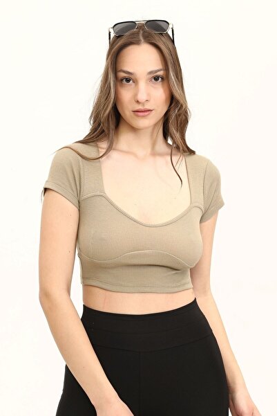 KİM Kİ O Women's Shamua Colored Crop Top with Front Piece Detail