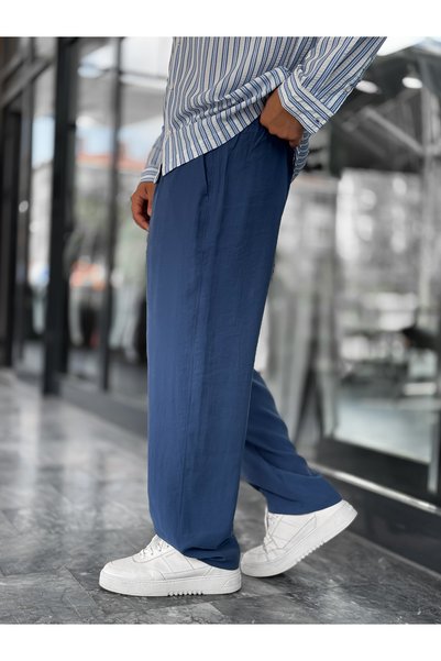 BYBASICMAN Lacivert Pileli Tensel Kumaş Baggy Pantolon KE-1300