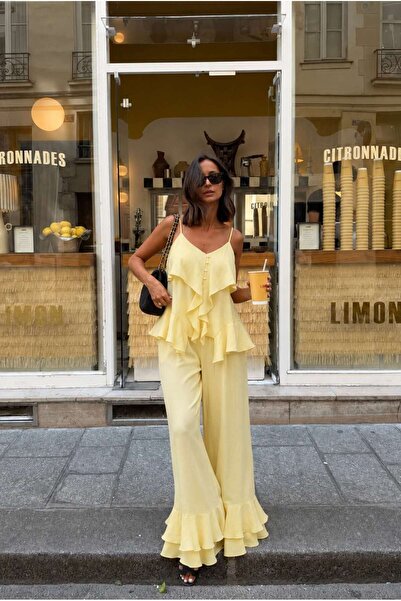 Lijuri Flywheel Detailed Strap Blouse Wide Leg Pants Set 10343