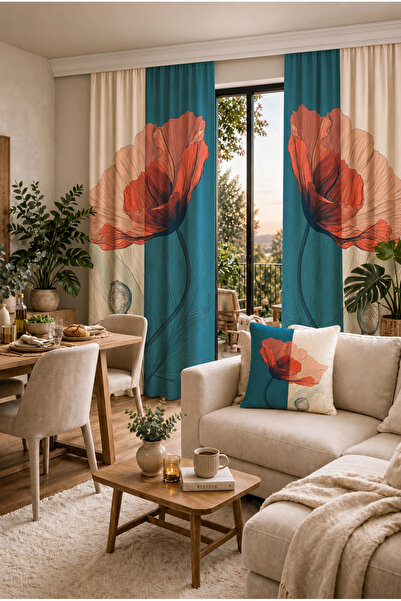 Decorative Printed Poppy Patterned Beige Living Room Kitchen Background Curtain (SINGLE WING - IP ADJUSTED EXTRAPHOR)