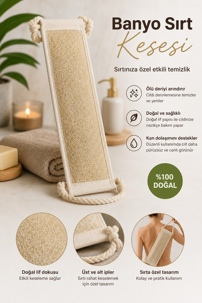 Bora Doğal Kabak Lifi Kese Uzun Sırt Tipi Ipli Banyo Hamam Kesesi