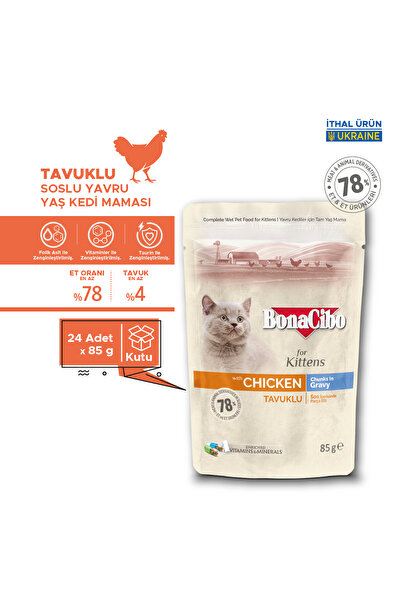 BonaCibo Soslu Tavuklu Pouch Yaş Yavru Kedi Maması, 85 Gr x 24 Adet