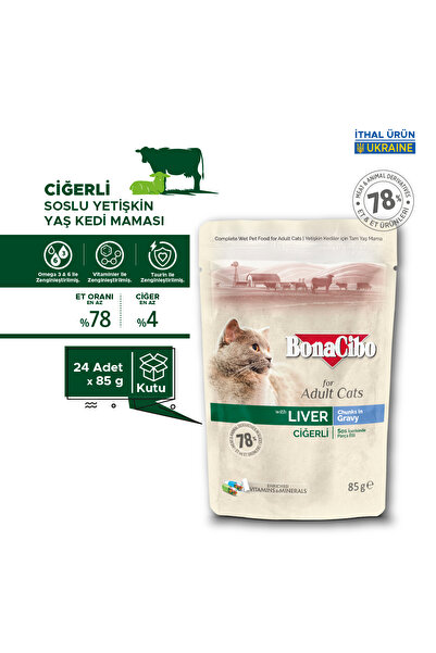BonaCibo Soslu Ciğerli Pouch Yaş Kedi Maması, 85 Gr x 24 Adet