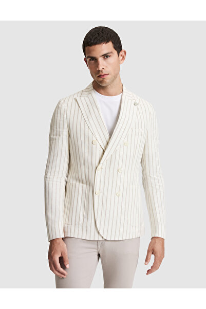 Pierre Cardin Ekru Slim Fit Çizgili Keten Kruvaze Ceket 50284938-VR019