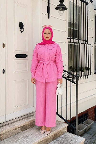 Beray 26Y74044 TAKIM TUNİK PANTOLON ÇİÇEK VE FİSTO DETAYLI PEMBE