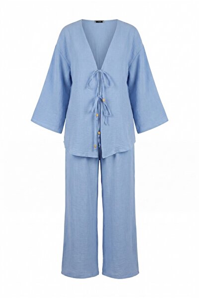 Modamorfo önü çift Bağlamalı Pantolonlu Kimono Takım -buz Mavi