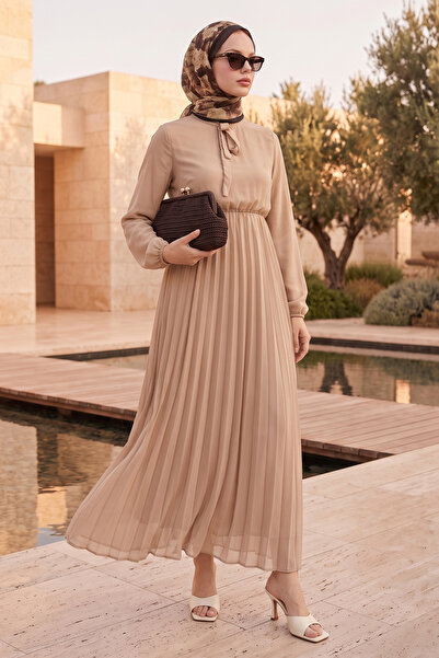 InStyle Pleated Limelda Chiffon Dress - Milk Brown