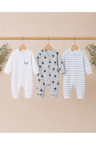Çocukos Unisex 3 Lü Bebek Panda Tulum