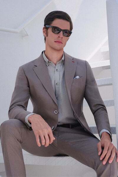 İmza Mink Linen Buttoned Collar Long Sleeve Slim Fit 100% Linen Shirt 1004260161