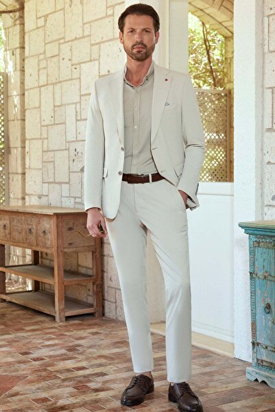 İmza Beige Mono Collar 6 Drop Slim Fit Half Lining Stretchy Suit 1001260162