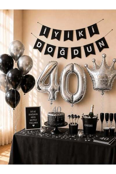 Parti Adresi 40 Yaş Balon Seti Doğum Günü Parti Seti Siyah Gümüş
