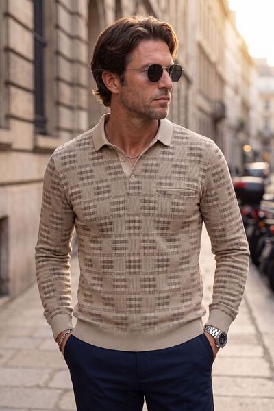 Çizgi Triko Erkek Polo Yaka Bej Sweat Desenli Cepli Klasik Kalıp - 5231F