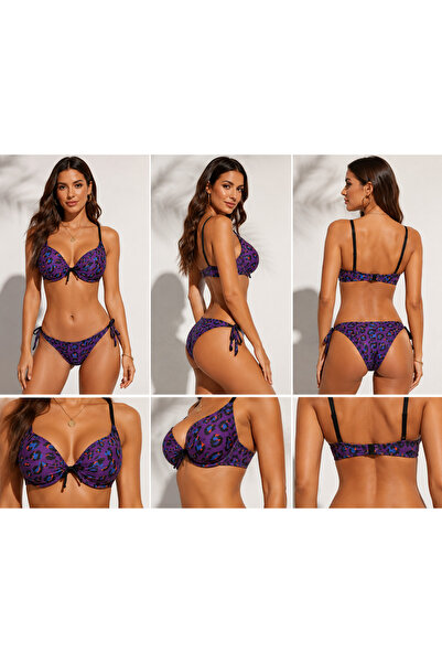 TEMSSHOP Kadın Mor Leopar Desenli Destekli Push Up Balenli Bikini Takımı Ayar...