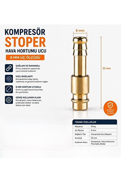 Mercure Kompresör Stoper Hava Jakı Hortum Ucu 8 mm