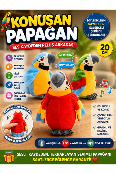 TRUST STORE Pilli Ses Kayıt Edebilen Papağan Peluş 20 cm Konuşan Sevimli Oyuncak