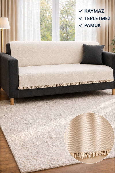 SEVHOME CONCEPT %100 Pamuk Kaymaz-Terletmez Koltuk Örtüsü-Koltuk Şalı Üçlü ve...