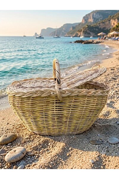 Beyaz Atölyem Covered Wicker Handmade Large Size Picnic Basket Light Color