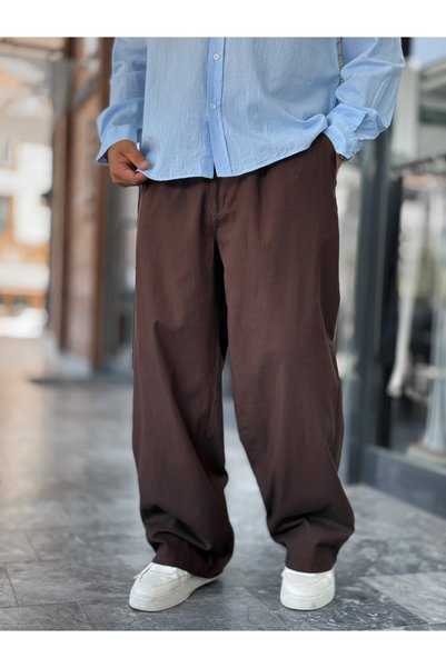 BYBASICMAN Kahve Keten Baggy Pantolon GJ-17237